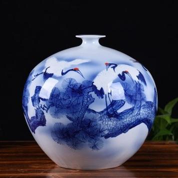 景德 镇纯手绘陶瓷仙鹤石榴花瓶定制 家居客厅书房收藏品装饰摆件瓶
